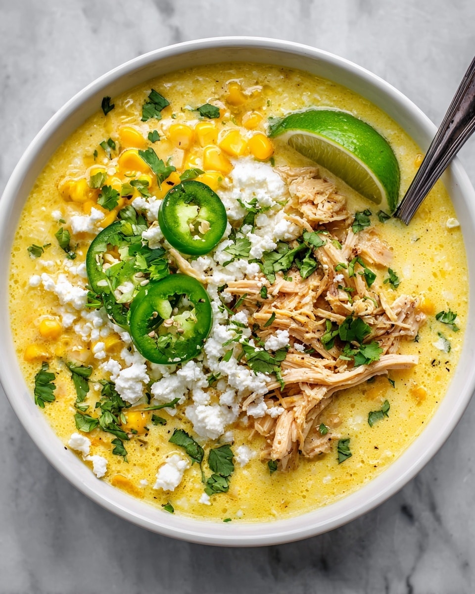 The image shows a bowl of creamy yellow soup with shredded chicken spread evenly on the right side, tender corn kernels scattered throughout, and small green slices of jalapeño peppers layered near the center. White crumbled cheese is sprinkled generously on top, mixed with fresh green cilantro leaves adding a bright touch. A wedge of lime rests on the right edge of the bowl for garnish. The soup is presented in a white bowl on a white marbled surface, with a spoon placed inside the bowl on the right side. Photo taken with an iphone --ar 4:5 --v 7