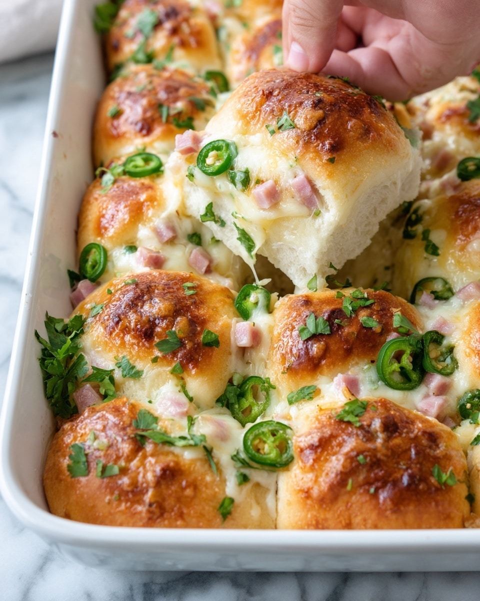 The image shows a tray of soft, golden baked rolls filled with layers of creamy cheese, pink cubes of ham, and bits of fresh green herbs on top. Each roll has a bubbly, slightly browned melted cheese layer on top, giving a gooey texture. The rolls are closely packed in a metal baking tray, with some yellow cheese and herbs visible in the gaps. The background is a white marbled texture. Photo taken with an iphone --ar 4:5 --v 7