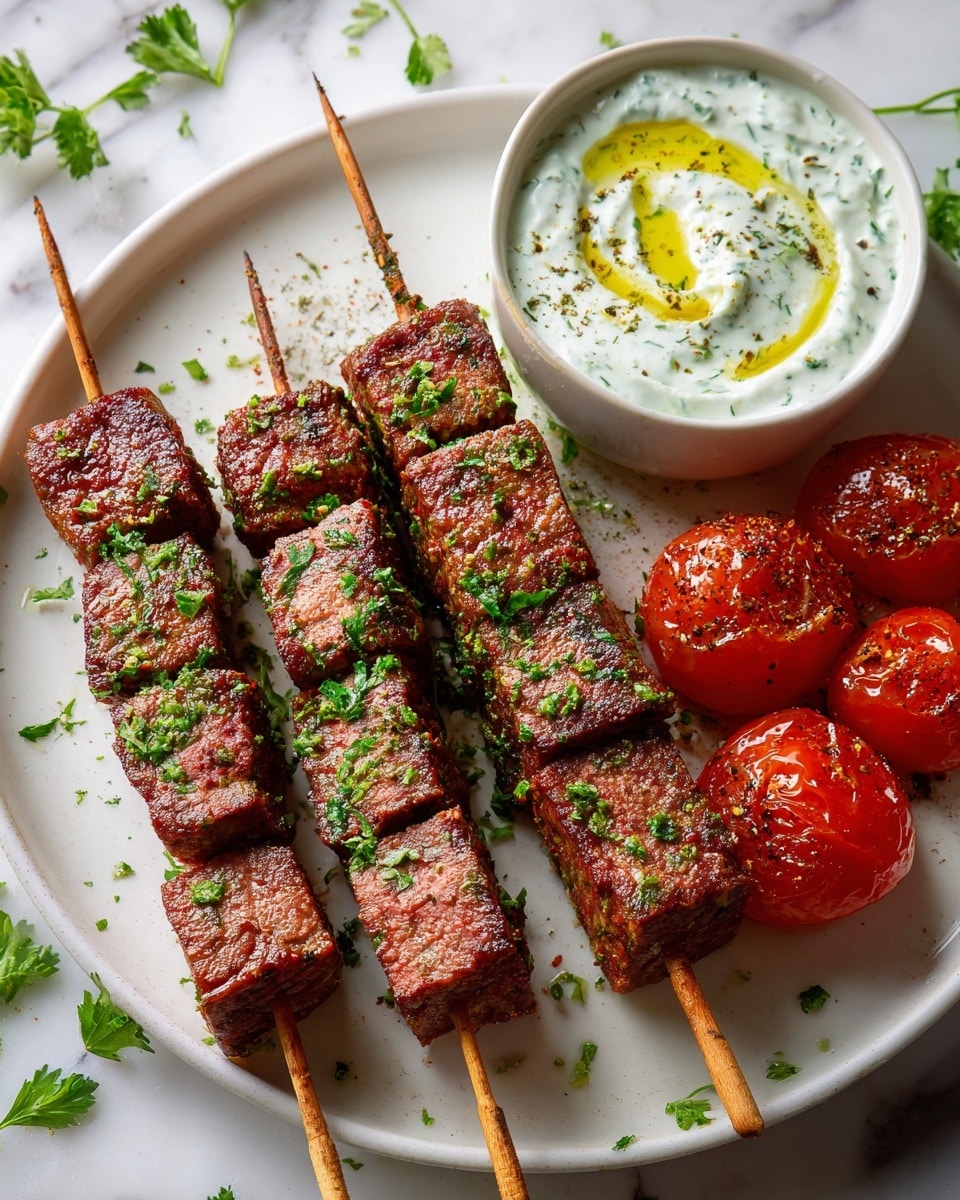 The image shows three skewers of grilled meat cubes, each piece brown with charred grill marks and small green herb pieces on top, arranged on a speckled white plate with a few green parsley leaves scattered around. To the right side of the plate, there are three juicy tomato halves seasoned with black pepper. In the upper right corner of the plate, a small white bowl holds creamy white sauce with green herbs mixed in, topped with a drizzle of olive oil and a leaf of parsley. The entire dish is placed on a white marbled surface. photo taken with an iphone --ar 4:5 --v 7