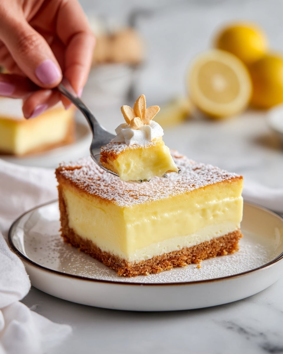 The image shows a square slice of a creamy yellow custard pie with a golden brown crust on the edges, placed on a white plate with a thin dark rim. The pie has three visible layers: a crumbly light brown crust at the bottom, a thick smooth pale yellow custard filling in the middle, and a slightly wrinkled, golden-yellow top layer dusted with white powdered sugar. In the center of the pie slice, there are small, thin, light brown triangular pieces arranged in a flower-like shape. A woman's hand is holding a silver fork, lifting a bite-sized piece of the custard, showing its soft and creamy texture. The plate is set on a white marbled surface with a white cloth underneath, and some blurred light yellow objects in the background. Photo taken with an iphone --ar 4:5 --v 7
