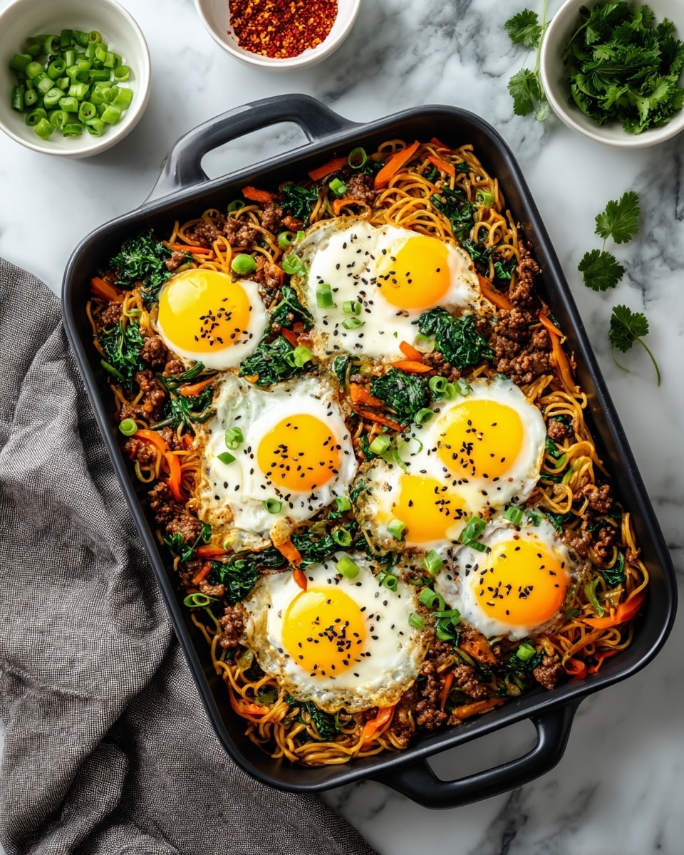 A black rectangular dish contains a layered meal starting with a base of yellow noodles mixed with ground meat and shredded carrots, sprinkled throughout, topped with bright green leafy vegetables. Four sunny-side-up eggs with shiny yellow yolks and white edges are placed on top, each egg garnished with small black sesame seeds. Thin slices of green onions and a few darker greens are scattered over the dish, adding color and texture. The dish sits on a white marbled surface with a gray cloth beside it, and small white bowls containing red powder and fresh green herbs are in the background. Photo taken with an iphone --ar 4:5 --v 7
