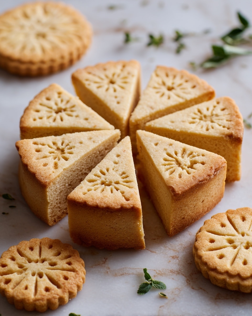 The image shows a shortbread round cut into six thick, pale golden slices, each topped with a simple flower-shaped pattern of holes. The texture looks crisp yet soft, with a lightly browned edge and a tender inside. The shortbread is on a white marbled surface sprinkled with a little flour and small green herb leaves scattered around. In the background, there are three more shortbread pieces, slightly blurred but similarly shaped with the same flower pattern on top. The scene is softly lit with a natural, warm tone, focusing on the detailed texture of the shortbread. photo taken with an iphone --ar 4:5 --v 7