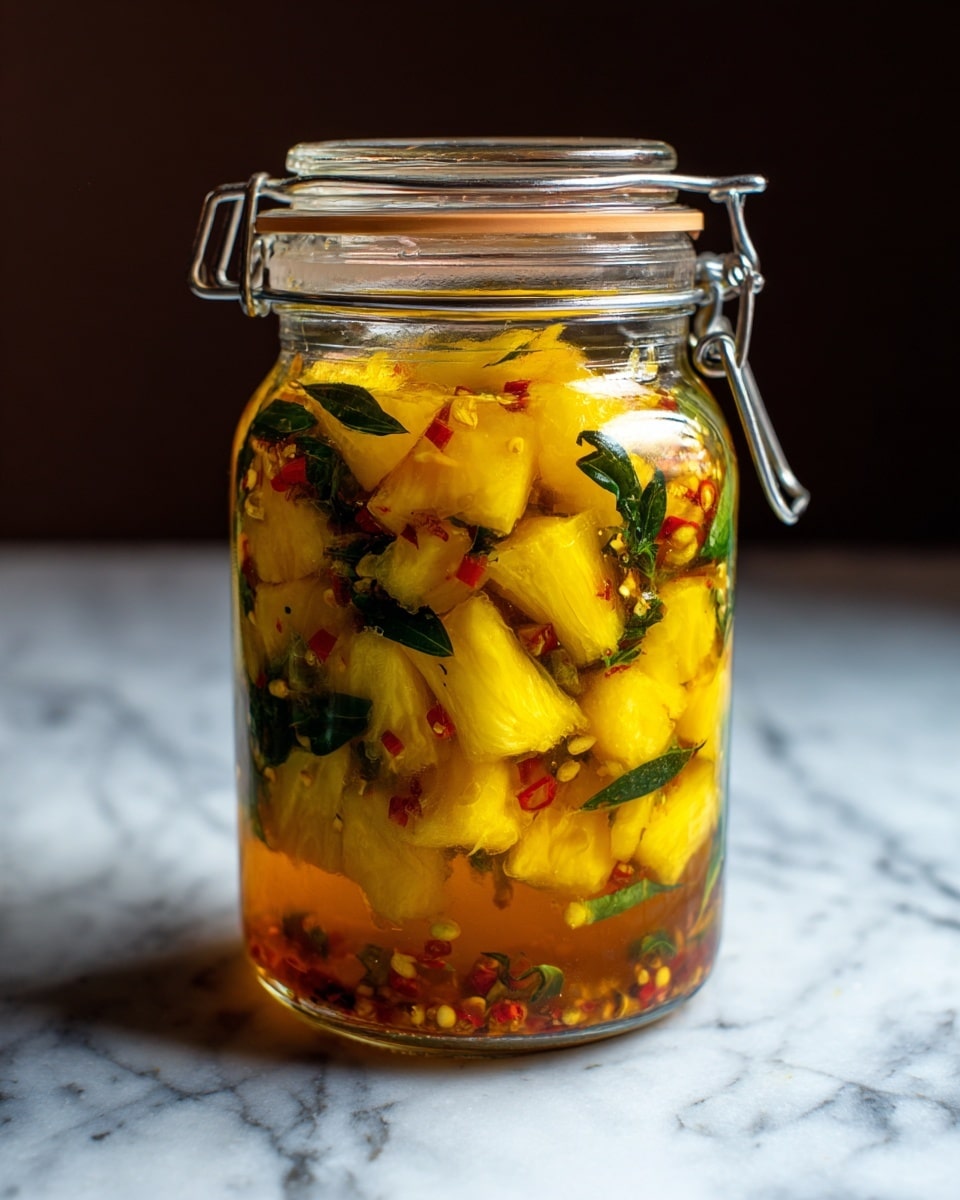 The image shows a close-up of a clear glass jar filled with chunks of yellow pineapple soaked in a brownish spicy liquid with visible red chili flakes and green herb leaves scattered among the fruit pieces. The jar has a metal clasp lid, tightly sealed, and sits on a white marbled surface. The pineapple pieces vary in size and shape, and the liquid looks thick and glossy, coating the fruit inside the jar. The background is dark, making the jar and its bright contents stand out sharply. photo taken with an iphone --ar 4:5 --v 7