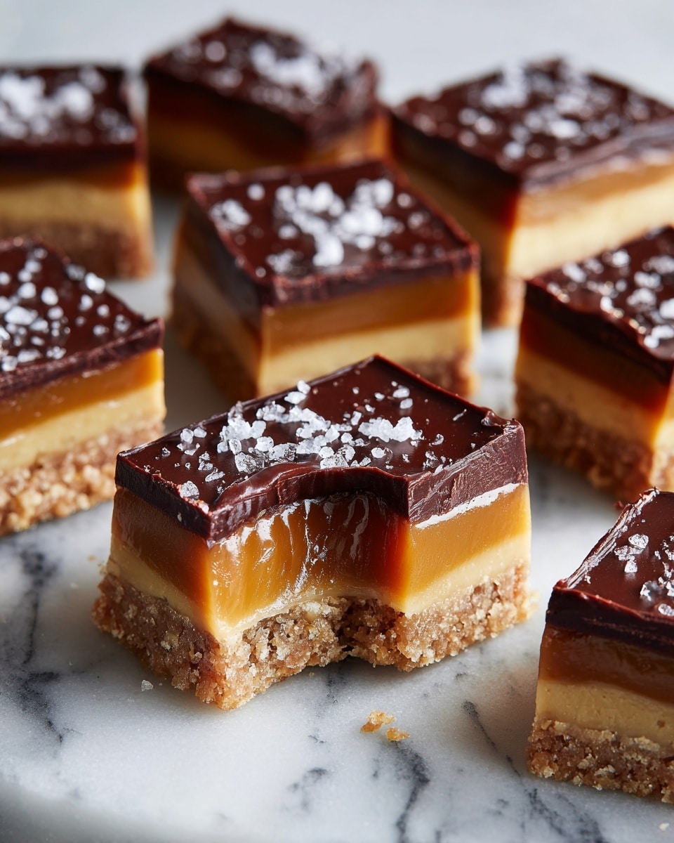 The image shows several square pieces of a dessert laid out on a light white marbled surface. Each piece has two layers: the bottom layer is a crumbly, light beige base, and the top layer is a smooth, shiny caramel-brown topping sprinkled with coarse, sparkling white salt crystals. The caramel layer has a slightly glossy texture, and the pieces are stacked so that one piece rests on top of another, showing the thickness of the layers clearly. Photo taken with an iphone --ar 4:5 --v 7