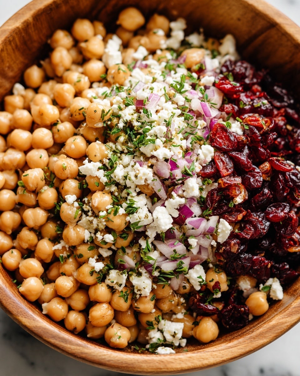 A close-up view of a chickpea salad in a round wooden bowl set on a white marbled surface, featuring three main layers. The base layer consists of light tan chickpeas with a smooth texture, evenly spread across the bowl. Scattered throughout are bright red dried cranberries adding a pop of color and chewier texture. On top, small crumbles of white feta cheese are sprinkled along with finely chopped green herbs and bits of raw red onion with a slight purple hue, giving freshness and contrast. photo taken with an iphone --ar 4:5 --v 7