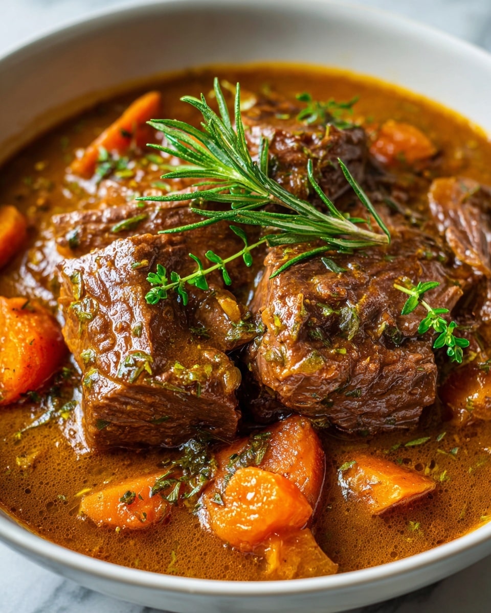 The image shows a close-up of a stew in a white bowl on a white marbled surface. The dish has three main layers: at the bottom, there is a rich brown sauce with visible herbs; the middle layer consists of bright orange carrot pieces scattered around; on top, there are large pieces of tender brown meat garnished with small green herbs and a sprig of parsley for decoration. The texture of the meat looks soft and juicy, while the sauce looks thick and glossy. Photo taken with an iphone --ar 4:5 --v 7