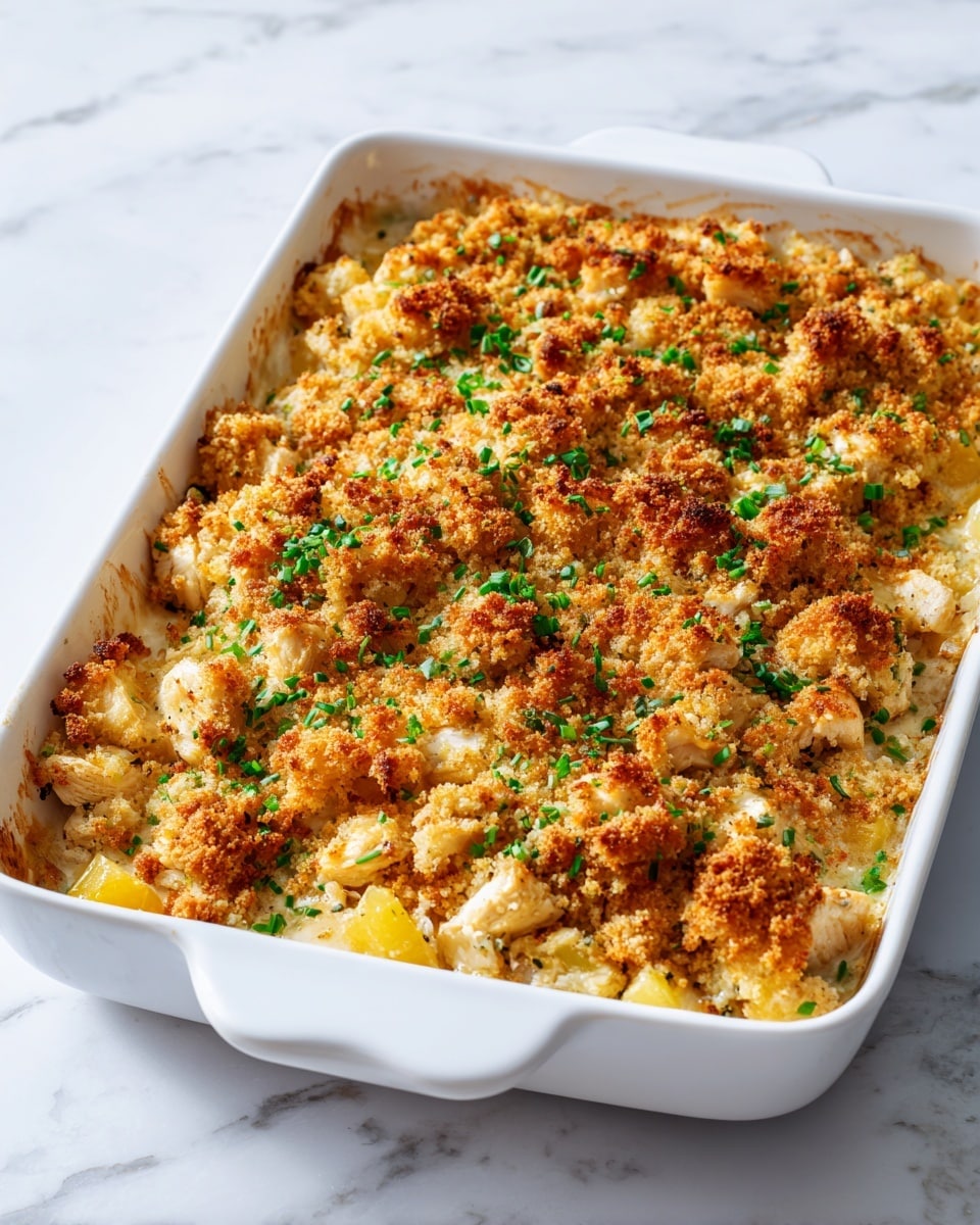 A white rectangular baking dish filled with a golden brown casserole, featuring three main layers: the bottom layer appears to be soft, diced yellow pineapple chunks mixed with tender white chicken pieces, the middle layer is creamy and light yellow with melted cheese, and the top layer is a crunchy crumb topping with small, evenly browned bits and a sprinkling of fresh green herbs for color contrast. The dish rests on a white marbled surface. photo taken with an iphone --ar 4:5 --v 7