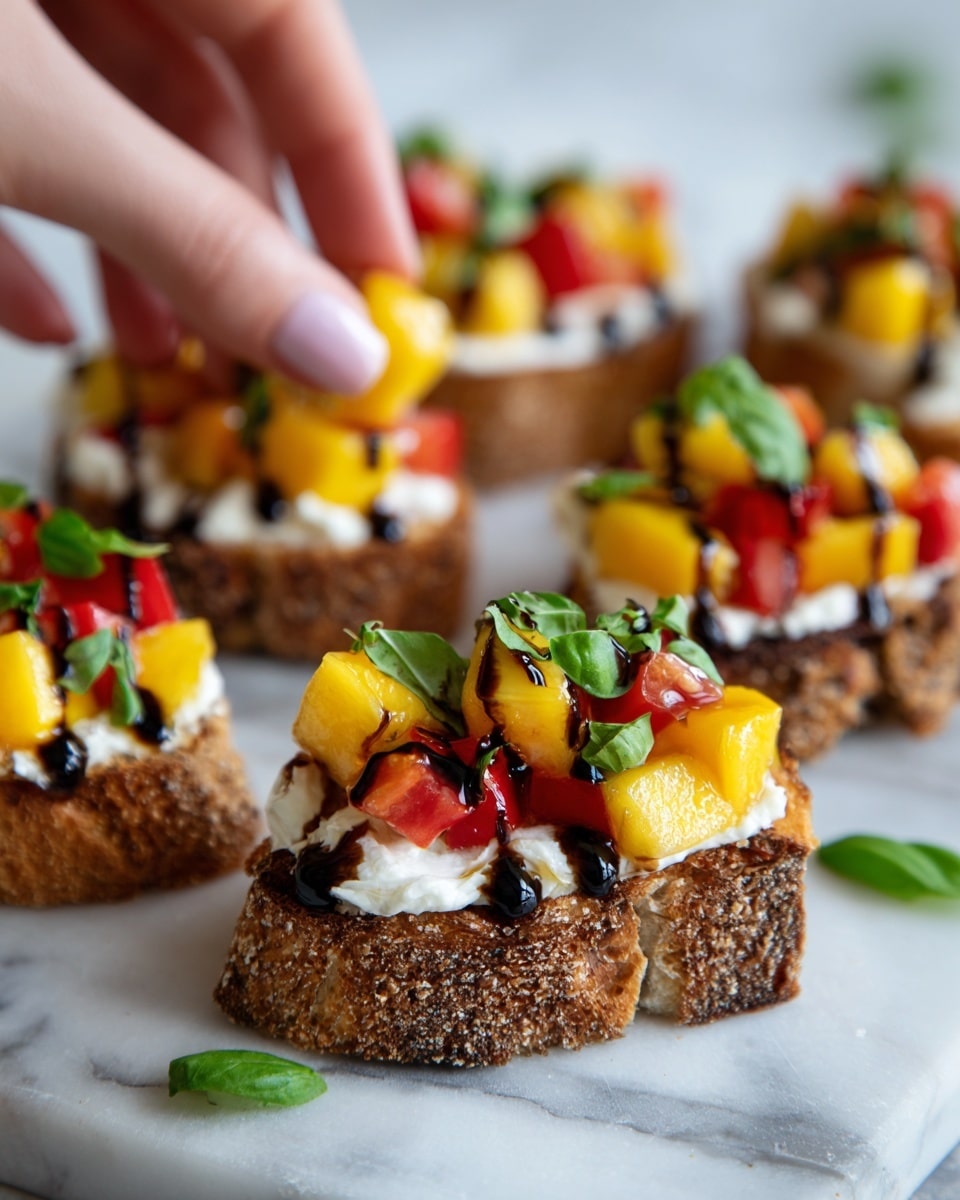 The image shows several small pieces of toasted bread topped with a creamy white cheese layer, fresh chunks of bright yellow mango, and small pieces of red tomato. Each piece is drizzled with a thick dark balsamic glaze and sprinkled with fresh green basil leaves. The toast has a golden-brown crust and a slightly rough texture. The background is a white marbled surface, and a woman's hand is about to pick one piece. Photo taken with an iphone --ar 4:5 --v 7