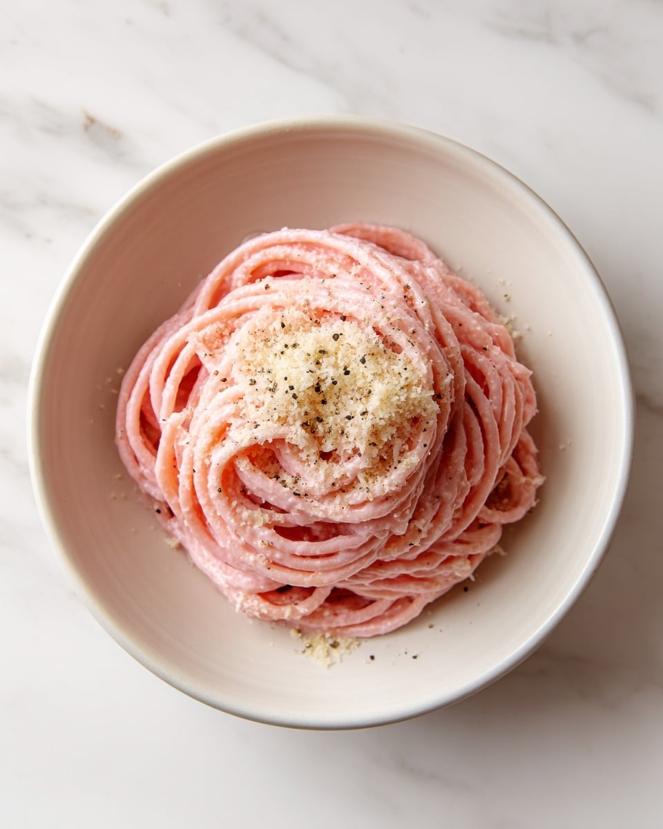 A round nest of pink spaghetti sits in a white bowl on a white marbled surface, with the noodles twisted into a neat mound showing smooth, slightly glossy texture. On top of the pasta, there is a layer of light beige grated cheese sprinkled evenly, with tiny black dots of pepper scattered across the cheese and pasta. The overall appearance is clean and simple with soft, pastel colors and a fresh look. photo taken with an iphone --ar 4:5 --v 7