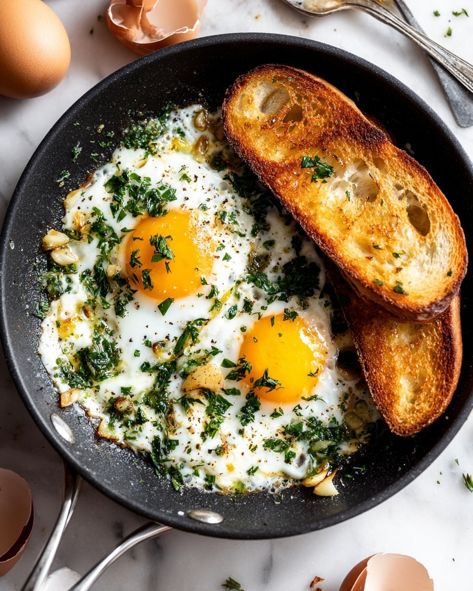 A small black pan contains two sunny side up eggs with bright yellow yolks and cooked white edges, topped with chopped green herbs and thinly sliced toasted garlic scattered around. Two slices of toasted bread with a golden-brown crust are placed on the right side inside the pan, showing a crunchy texture. The pan sits on a white marbled surface with some eggshells and a woman's hand holding a utensil visible near the background. The scene is well lit, emphasizing the fresh and warm look of the meal, photo taken with an iphone --ar 4:5 --v 7
