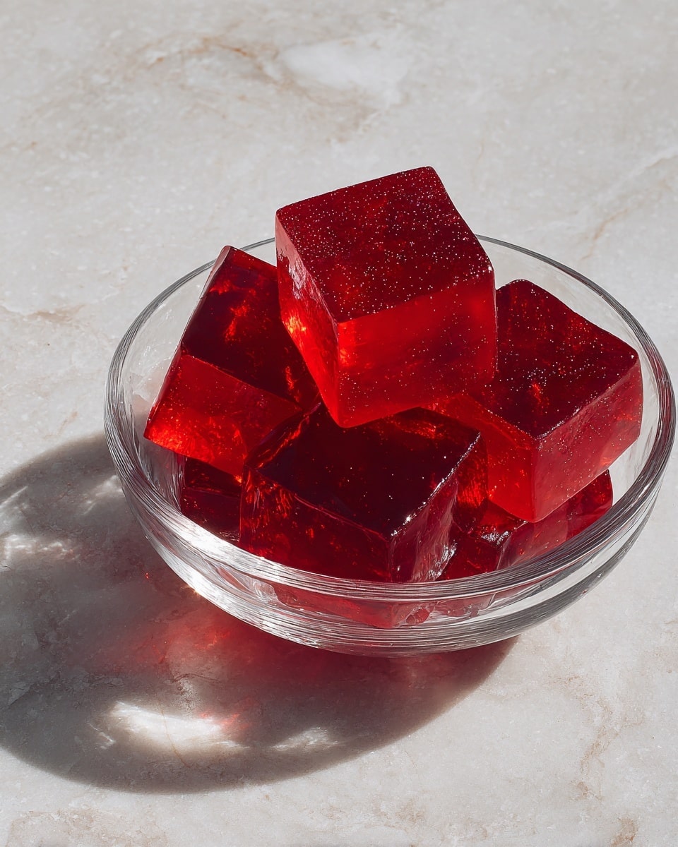 The image shows a clear glass bowl filled with several bright red jelly cubes stacked irregularly. Each cube is shiny and translucent, letting light pass through and showing smooth, slightly wet surfaces with sharp edges. The bowl is placed on a white marbled surface that reflects some of the red color from the jelly. The jelly cubes appear firm and glossy, with some cubes pressed against each other, showing slight indentations where they touch. Photo taken with an iphone --ar 4:5 --v 7