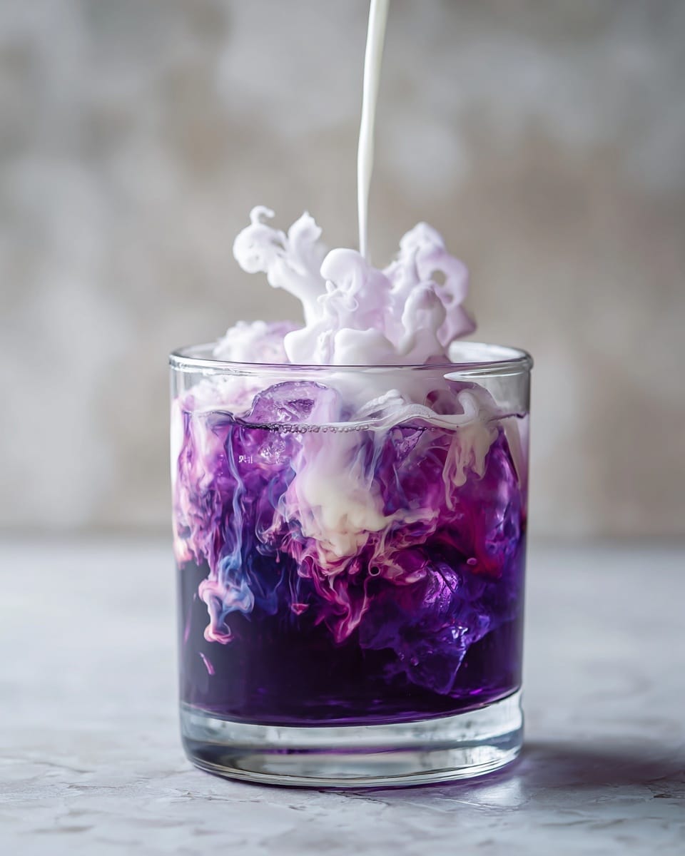 A clear glass filled with deep purple liquid and ice cubes at the bottom forms the first layer, with swirling white cream being poured from the top, creating a cloud-like effect as it mixes yet remains mostly separate from the purple layer beneath. The glass sits on a smooth surface with a white marbled texture and the background is softly blurred in a matching white marbled tone. photo taken with an iphone --ar 4:5 --v 7