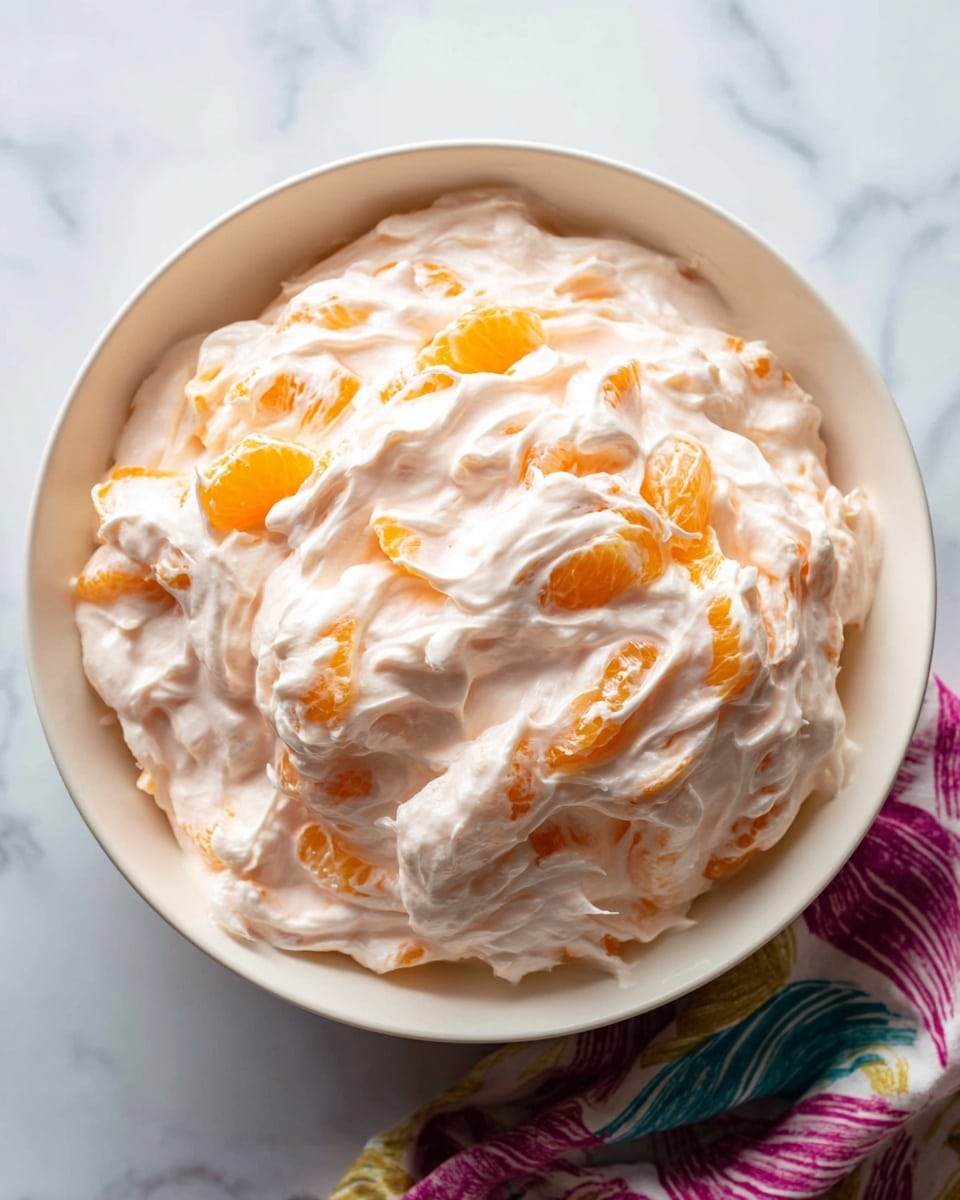 A close-up view of a soft, creamy mixture in a white bowl containing light pink whipped cream with small air pockets and smooth texture, mixed with bright orange mandarin orange segments scattered unevenly throughout the mixture, creating a textured and fluffy appearance. The bowl sits on a white marbled surface with part of a colorful cloth visible at the bottom. photo taken with an iphone --ar 4:5 --v 7