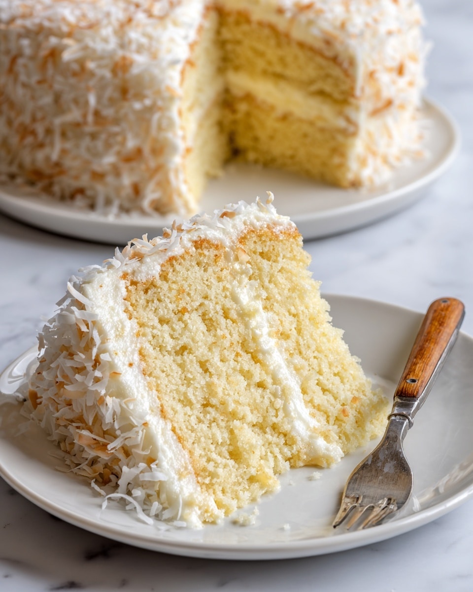 A slice of two-layer pale yellow cake sits on a white plate, each layer separated and topped with a thick, creamy white frosting. The outer surface of the cake is fully covered with white shredded coconut, adding a soft and textured look. The crumb of the cake looks moist and soft with a light golden edge, and a silver fork with a wooden handle rests in front of the slice. The background shows part of the whole cake, also fully frosted and covered with shredded coconut, all set on a white marbled surface. Photo taken with an iphone --ar 4:5 --v 7