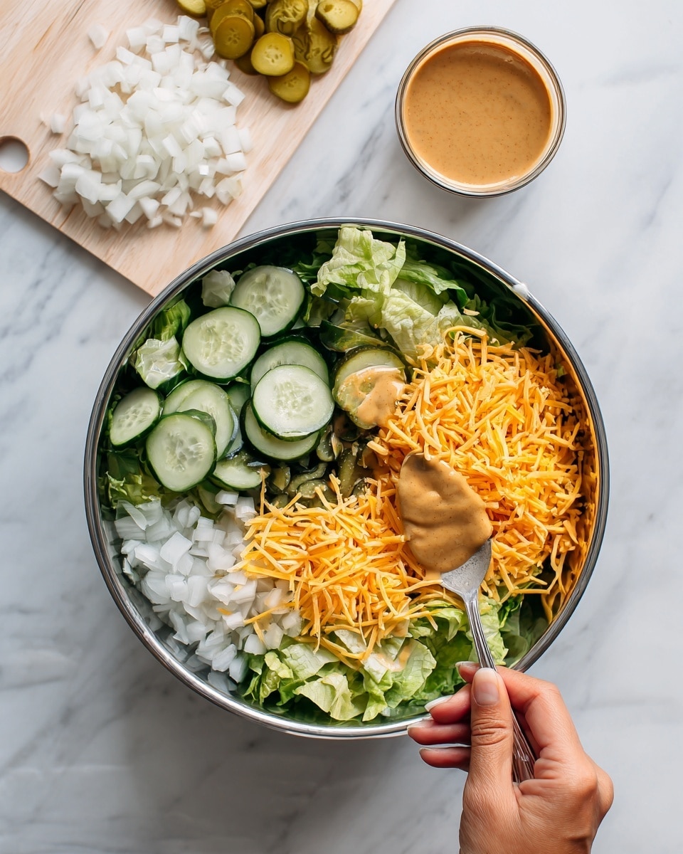 A round metal bowl contains a salad with three visible layers: at the bottom are light green lettuce leaves, followed by slices of dark green pickles and white chopped onions, topped with shredded orange cheddar cheese. On top, dollops of light brown dressing are being added by a woman's hand holding a spoon. Next to the bowl on a white marbled surface is a white cutting board with chopped white onion pieces and two pickle slices. Photo taken with an iphone --ar 4:5 --v 7