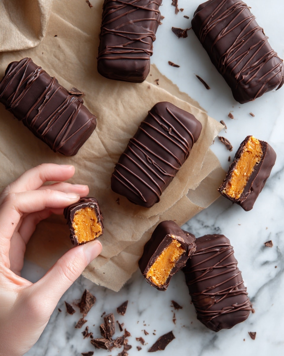 The image shows several small rectangular bars with a crunchy orange peanut butter center inside a smooth dark chocolate coating. Some bars are whole, while others are cut in half to show the bright orange filling inside. Dark chocolate drizzle lines run across the top of each bar, adding texture. The bars lie on a white marbled surface lined with brown parchment paper, with small chocolate shavings scattered around. A woman's hand reaches in from the side, holding one of the bars. Photo taken with an iphone --ar 4:5 --v 7