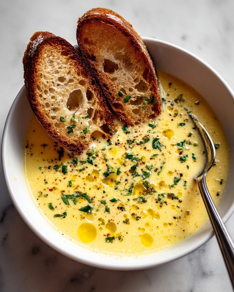 A close-up view of a white bowl filled with creamy yellow soup, sprinkled with green herbs and black pepper, creating a textured surface with small bubbles and droplets of oil. Two toasted bread slices, golden brown with a spongy interior full of holes, are placed upright inside the soup, leaning against the bowl’s edge. A shiny silver spoon is partially immersed on the right side, reflecting light. The bowl sits on a white marbled surface with soft natural lighting highlighting the warm tones of the bread and the smooth texture of the soup. photo taken with an iphone --ar 4:5 --v 7