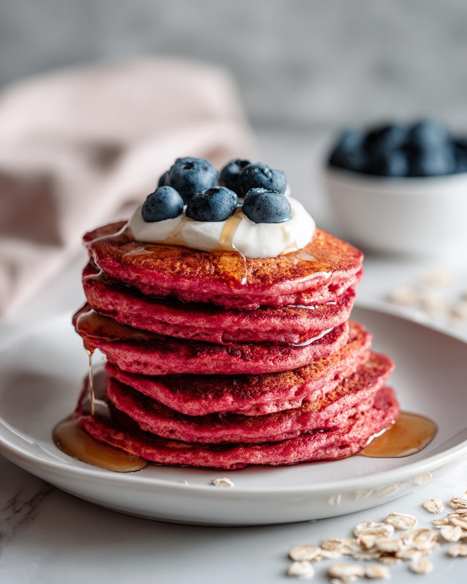 A stack of seven bright pink-red pancakes sits centered on a white plate, each pancake thick and fluffy with a soft, slightly textured surface. A dollop of smooth, white cream rests on top, crowned with several fresh, round blueberries that are deep blue with a matte finish. Amber-colored syrup drips down the sides of the pancakes in thin streams, glistening in the light. Scattered blueberries and some oats are visible near the plate on a white marbled textured surface. In the background, a white bowl filled with more blueberries is out of focus. Photo taken with an iphone --ar 4:5 --v 7