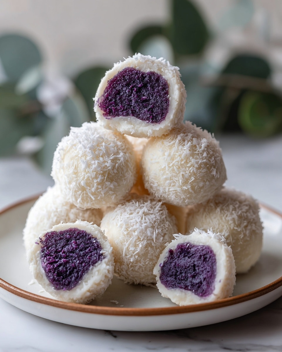 A round dessert with two visible layers is displayed on a white plate with a brown rim. The outer layer is creamy white, rough in texture, and sprinkled with shredded coconut. The inner layer is a smooth, bright purple, forming a thick circle inside the white layer. Some pieces are whole, while others are broken, showing the purple center clearly. The plate sits on a white marbled surface with green leaves blurred in the background. photo taken with an iphone --ar 4:5 --v 7