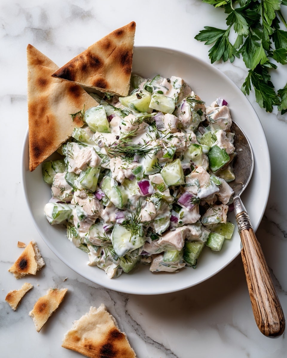 A white bowl holds a chunky salad made of three main layers: small, pale pink pieces of cooked chicken, fresh green celery and cucumber chunks, and tiny bits of purple-red onion, all mixed with a creamy white dressing speckled with dark green dill. Three triangular toasted pita chips with a golden-brown hue lean against one side of the bowl. A spoon with a wooden handle and silver scoop rests partially in the salad near the edge of the bowl. The bowl is set on a white marbled surface with some broken pita pieces scattered nearby, and fresh parsley leaves appear in the upper right corner. photo taken with an iphone --ar 4:5 --v 7