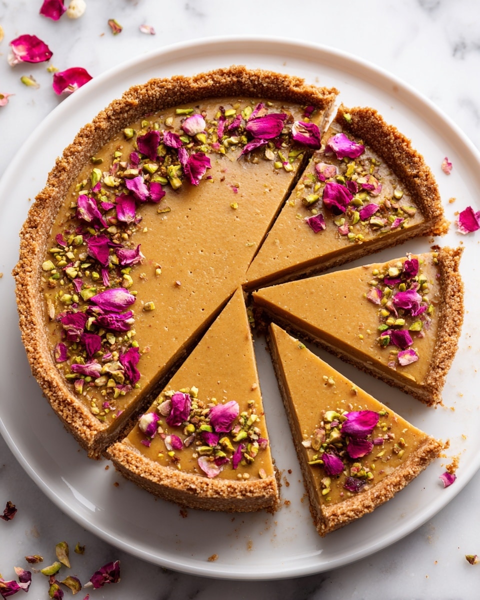 A round tart with one thick golden-brown crust layer at the bottom and a smooth tan filling layer above it, cut into eight even slices arranged in a circle on a white plate. Each slice is sprinkled with chopped green pistachios and small pink rose petals on top, adding color and texture. The plate sits on a white marbled surface with a light, soft white fabric partly underneath, along with a small white dish holding dried pink rosebuds nearby. Photo taken with an iphone --ar 4:5 --v 7