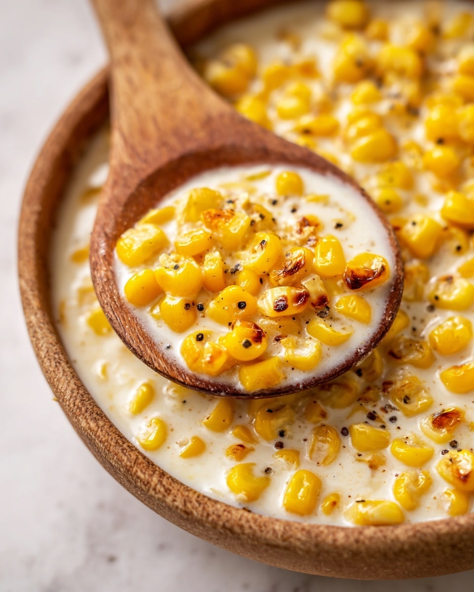 A close-up of bright yellow roasted corn kernels coated in a creamy white sauce, with some kernels showing golden-brown char marks. The corn is speckled with black pepper and glossy from the sauce, all held on a dark wooden spoon. The background shows more of the same creamy corn mixture with a slightly blurred effect on a white marbled surface. photo taken with an iphone --ar 4:5 --v 7
