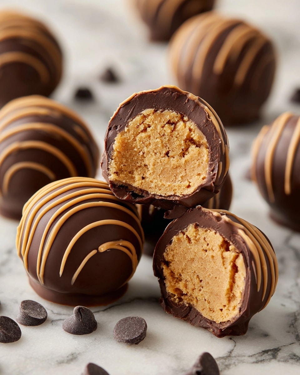 The image shows dark chocolate truffles with a smooth, shiny outer shell decorated with thin lines of light brown icing on top. The truffles are round with a few of them cut in half to reveal the inside, which is a crumbly, soft-looking peanut butter filling in a pale tan color. The inside texture looks slightly grainy and dense. The truffles rest on a white marbled surface with scattered dark chocolate chips around. Photo taken with an iphone --ar 4:5 --v 7