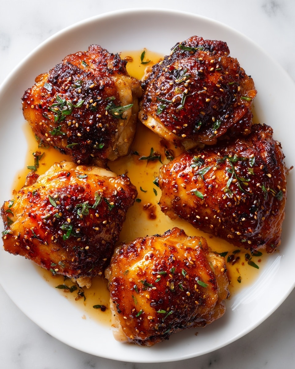 Five pieces of cooked chicken thighs with crispy, dark golden brown skin are arranged closely on a white plate. Each piece is covered with a glossy layer of sticky sauce speckled with black pepper, herbs, and sesame seeds, giving a textured look. The sauce pools slightly around the chicken, reflecting light and adding a shiny, moist appearance. The chicken thighs have a tender texture with the skin showing some crinkled edges. The scene is set on a white marbled surface. photo taken with an iphone --ar 4:5 --v 7
