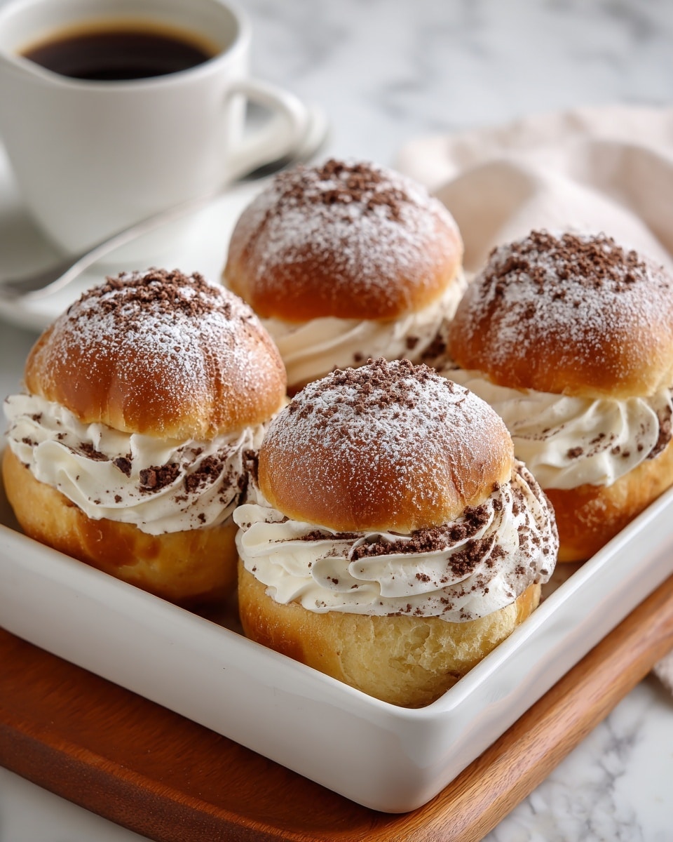 Four cream-filled buns sit closely inside a white rectangular dish on a wooden board, each bun having two layers: a light golden brown fluffy dough base and a matching top covered with a dusting of powdered sugar and sprinkled cocoa powder. Between the two dough layers is a thick, swirled layer of smooth white cream with small bits of cocoa crumbs clinging to it. The background is a white marbled surface, and a white cup of dark coffee is blurred in the back left corner. photo taken with an iphone --ar 4:5 --v 7