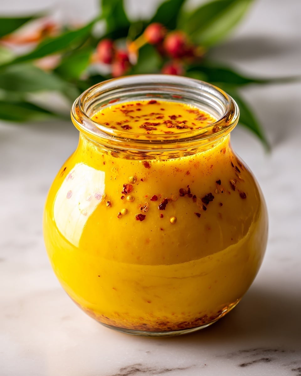 A clear glass jar filled with a bright yellow mango drink with small red chili flakes spread evenly throughout. The jar has a rounded shape with a wide neck and a clear glass lid on top. The liquid inside looks smooth and thick, with the chili flakes adding texture and color contrast. The background shows blurred green leaves and hints of red fruit, placed on a white marbled surface. Photo taken with an iphone --ar 4:5 --v 7