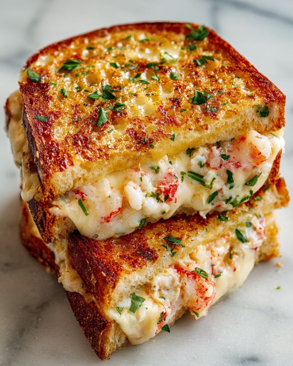 A close-up view of two stacked savory breakfast squares, each with three clear layers: the top and bottom layers are golden brown with a slightly crispy, textured surface that looks like baked eggs or potato, and the middle layer is creamy white melted cheese with small pieces of orange shrimp and scattered green herbs. The herbs add a fresh pop of color, and the cheese has a smooth, gooey texture, slightly oozing between the layers. The background is softly blurred to keep focus on the food, all set on a white marbled surface. Photo taken with an iphone --ar 4:5 --v 7