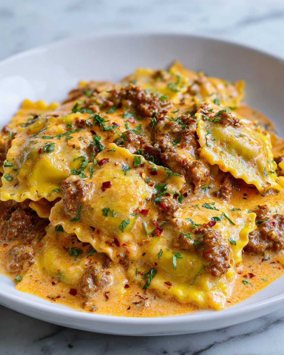 A white plate holds a rich layered dish of ravioli pasta covered in thick creamy sauce, with visible browned sausage pieces scattered throughout. The ravioli layers are soft yellow with ruffled edges, coated in a smooth creamy sauce tinged with light orange, giving a slightly oily sheen. Small flecks of green herbs are sprinkled on top for color, along with tiny bits of red chili flakes. The creamy sauce pools around the pasta, mixing with bits of melted cheese and sausage, creating a hearty and textured look. The photo is taken on a white marbled surface. Photo taken with an iphone --ar 4:5 --v 7