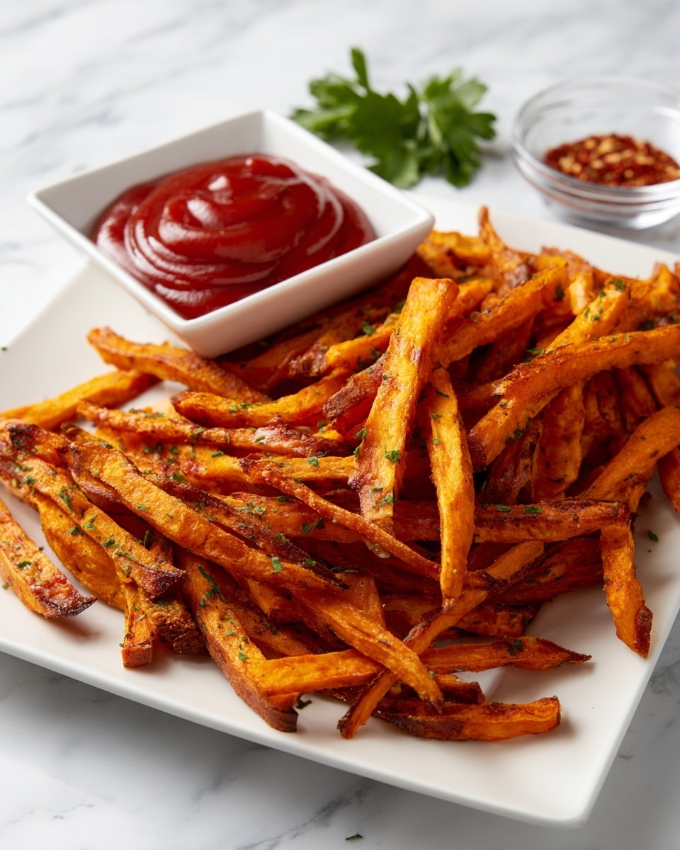 A white rectangular plate holds a large pile of thin, crispy sweet potato fries seasoned with herbs and spices, showing an orange color mixed with dark brown spots of seasoning and light reflections. In the center of the plate, a small white square bowl is filled with bright red ketchup that has a smooth, glossy texture with subtle swirls on its surface. The plate is placed on a white marbled surface with a small clear bowl of red seasoning and a few green parsley leaves visible in the background. The fries cover the plate slightly overlapping around the bowl, giving a layered look of fries spreading from the center outwards. Photo taken with an iphone --ar 4:5 --v 7
