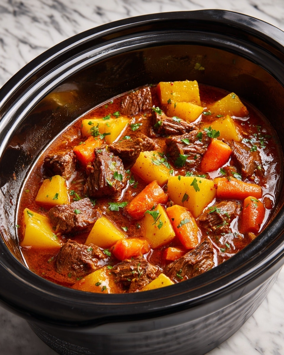 The image shows a black slow cooker filled with a stew containing multiple layers of chunky ingredients. The base layer is a rich, brown broth with a glossy texture, which surrounds pieces of tender meat, large yellow potato chunks, and orange carrot chunks. The meat appears well-cooked with a slightly rough texture, scattered evenly throughout the stew. Small bits of green herbs are sprinkled on top, adding a pop of color and freshness. The slow cooker is set on a surface with a white marbled texture. photo taken with an iphone --ar 4:5 --v 7