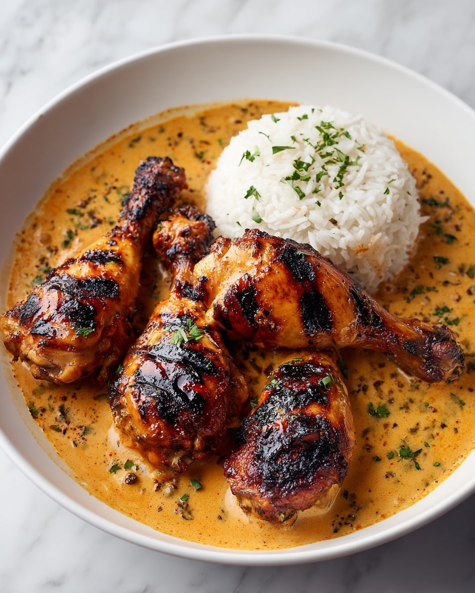A white bowl holds three grilled chicken drumsticks with dark char marks, coated in a thick, creamy orange sauce speckled with herbs. To the right side of the drumsticks is a mound of white rice, garnished with small green herb bits. The sauce partially covers the bottom of the bowl, giving a smooth texture beneath the chicken. The bowl is placed on a white marbled surface. Photo taken with an iphone --ar 4:5 --v 7