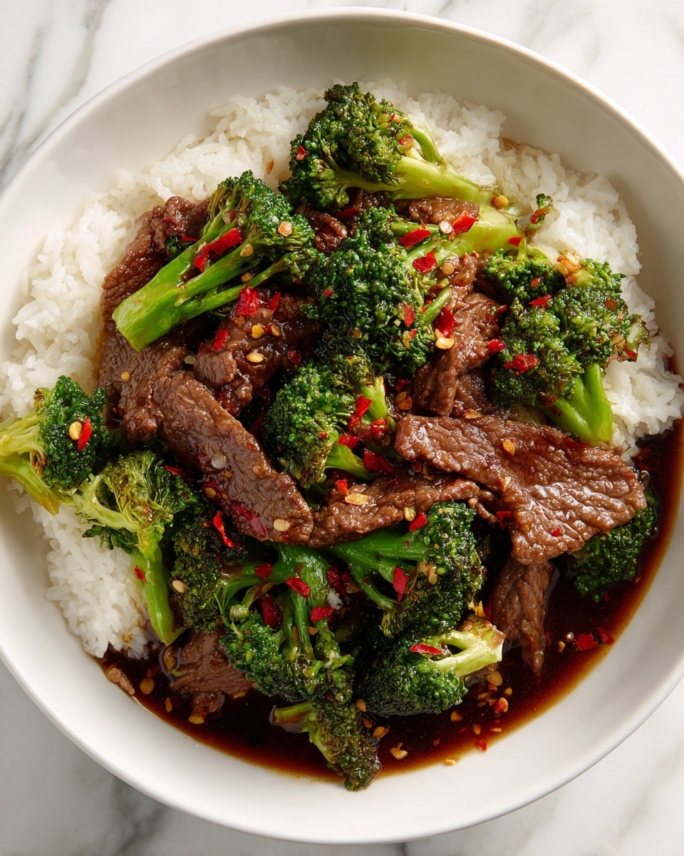 The dish shows a close-up of a bowl with two main layers: the base layer is soft, white rice with visible grain texture, and on top is a mix of cooked beef strips and bright green broccoli florets coated in a shiny, dark brown sauce with tiny red chili flakes. The beef strips are tender with a slightly wrinkled texture, and the broccoli looks crisp-tender with natural light green highlights. The bowl is white and sits on a white marbled surface. photo taken with an iphone --ar 4:5 --v 7