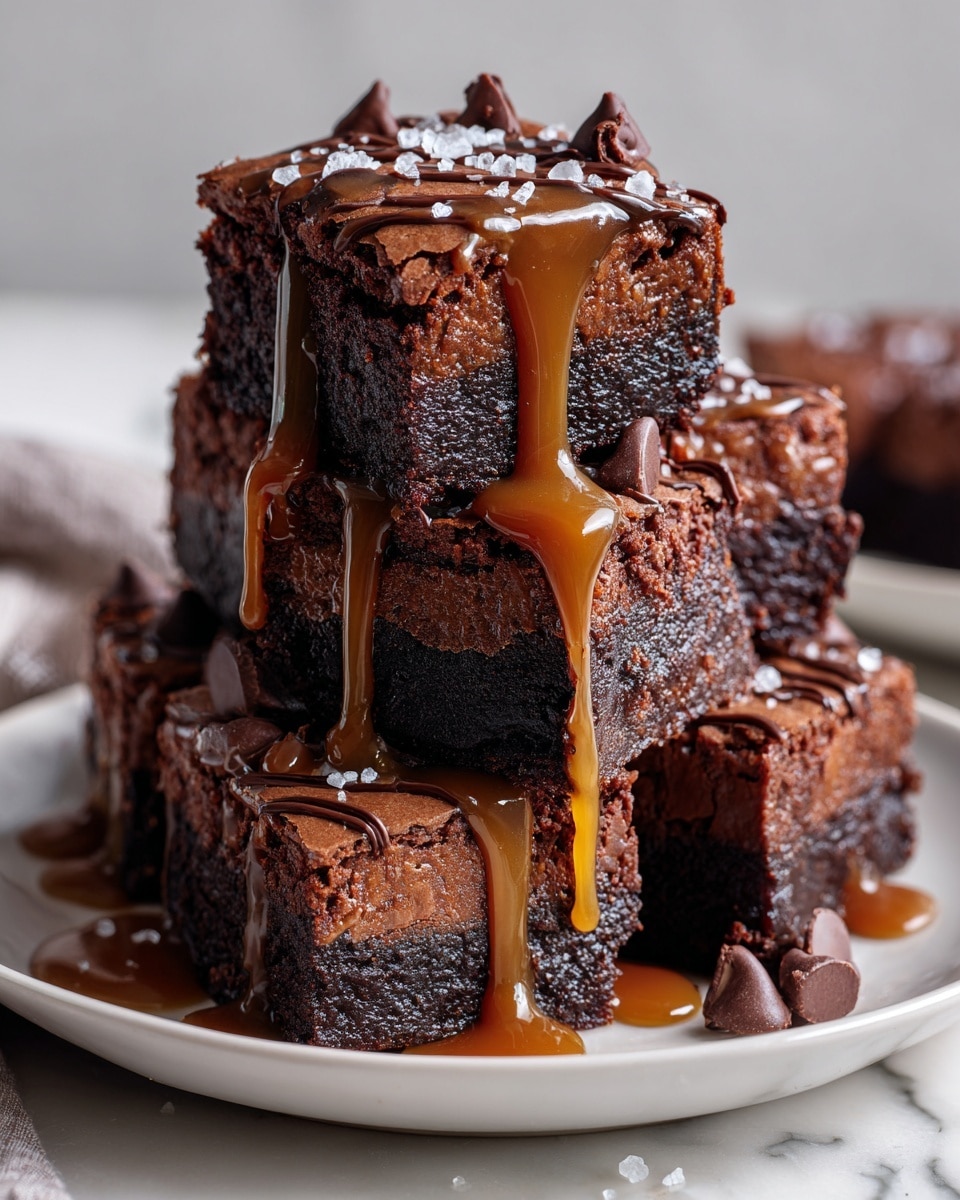 Several stacked rich chocolate brownie squares are shown on a white plate placed on a white marbled surface. Each square has two visible layers: a thick, dark, dense bottom layer with a moist texture, and a lighter brown, smooth top layer with a slightly cracked surface. Golden caramel sauce drips down the sides of the brownies in thick streams, pooling slightly on the plate below. Small chocolate chips are placed on top of each brownie, along with a drizzle of dark chocolate and a sprinkling of coarse white salt crystals. The photo taken with an iphone --ar 4:5 --v 7
