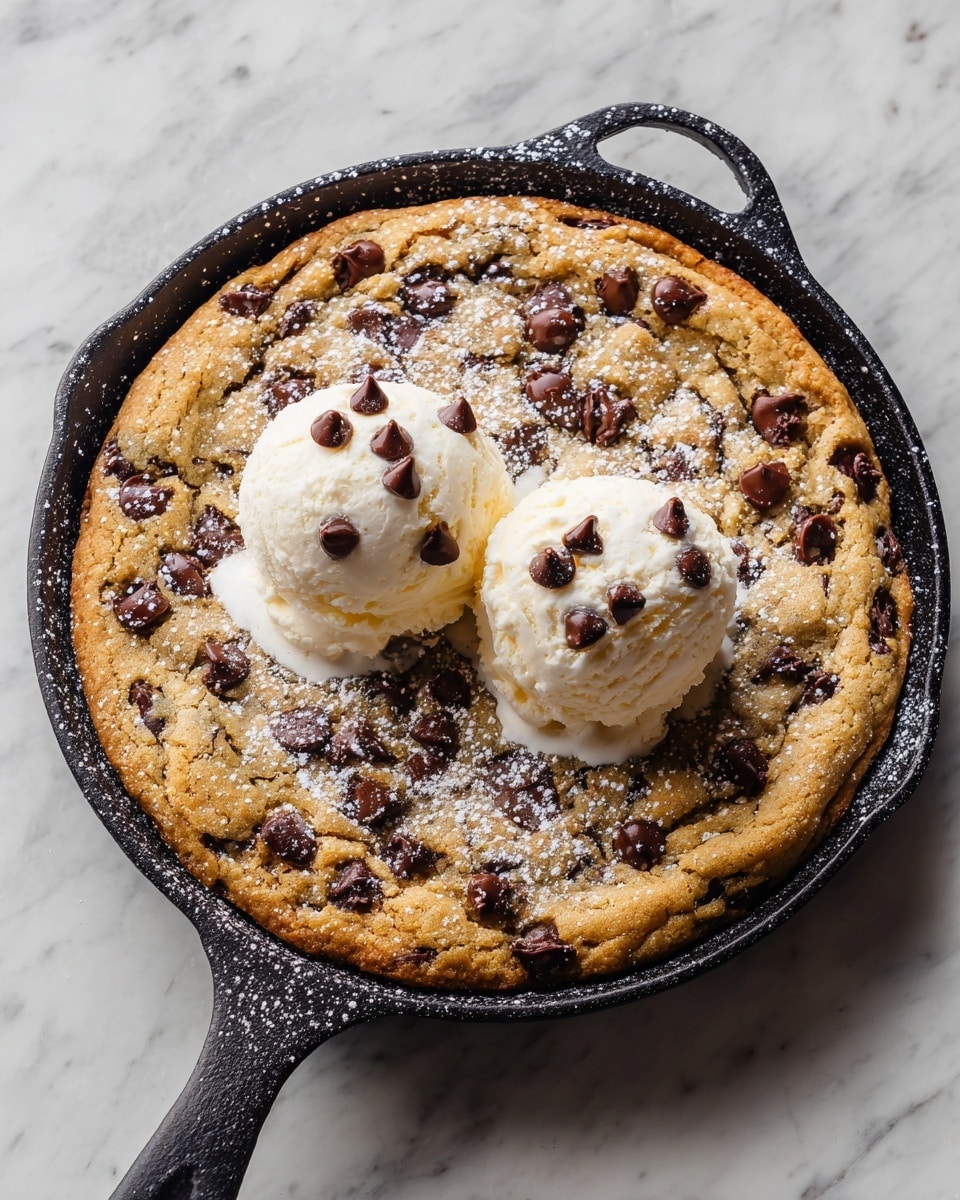 A golden-brown baked cookie with a slightly crisp edge in a black cast-iron skillet forms the base, generously studded with melted dark chocolate chips throughout the surface. On top, two scoops of smooth, creamy vanilla ice cream sit in the middle, sprinkled with a few extra chocolate chips and a light dusting of powdered sugar, adding a soft white contrast to the rich colors. The cookie looks warm and thick, with a slightly rough texture from the melted chocolate pieces. The skillet rests on a white marbled surface. photo taken with an iphone --ar 4:5 --v 7
