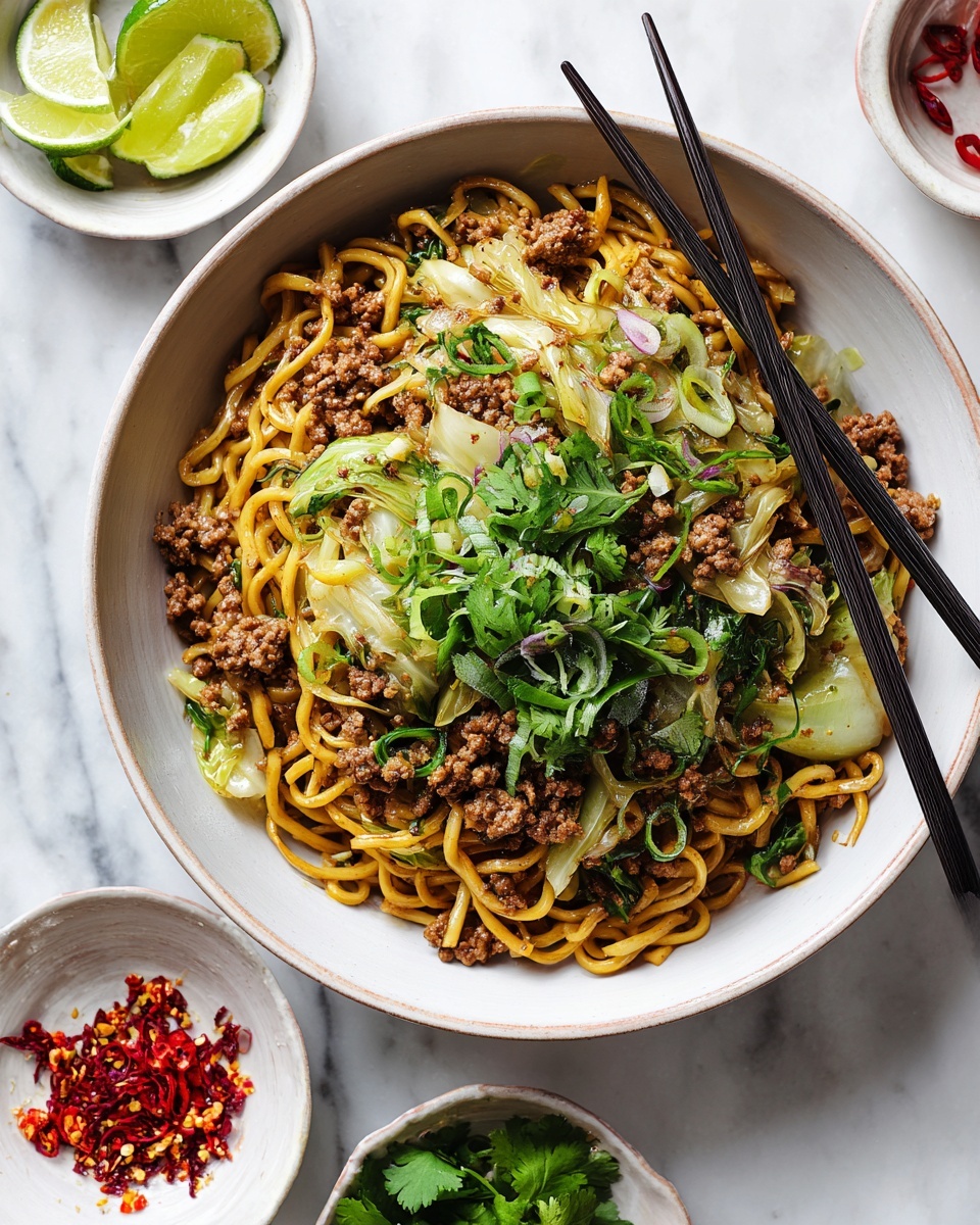 A bowl of stir-fried noodles with three layers: the bottom layer is yellow-brown noodles mixed with small pieces of cooked ground meat, the middle layer shows glossy cooked cabbage pieces with light green and white tones, and the top layer is sprinkled with fresh chopped green onions and cilantro leaves. The dish is served in a white bowl with black chopsticks resting on the side. In the background are small white bowls with lime wedges, red chili flakes, and fresh herbs on a white marbled surface. Photo taken with an iphone --ar 4:5 --v 7