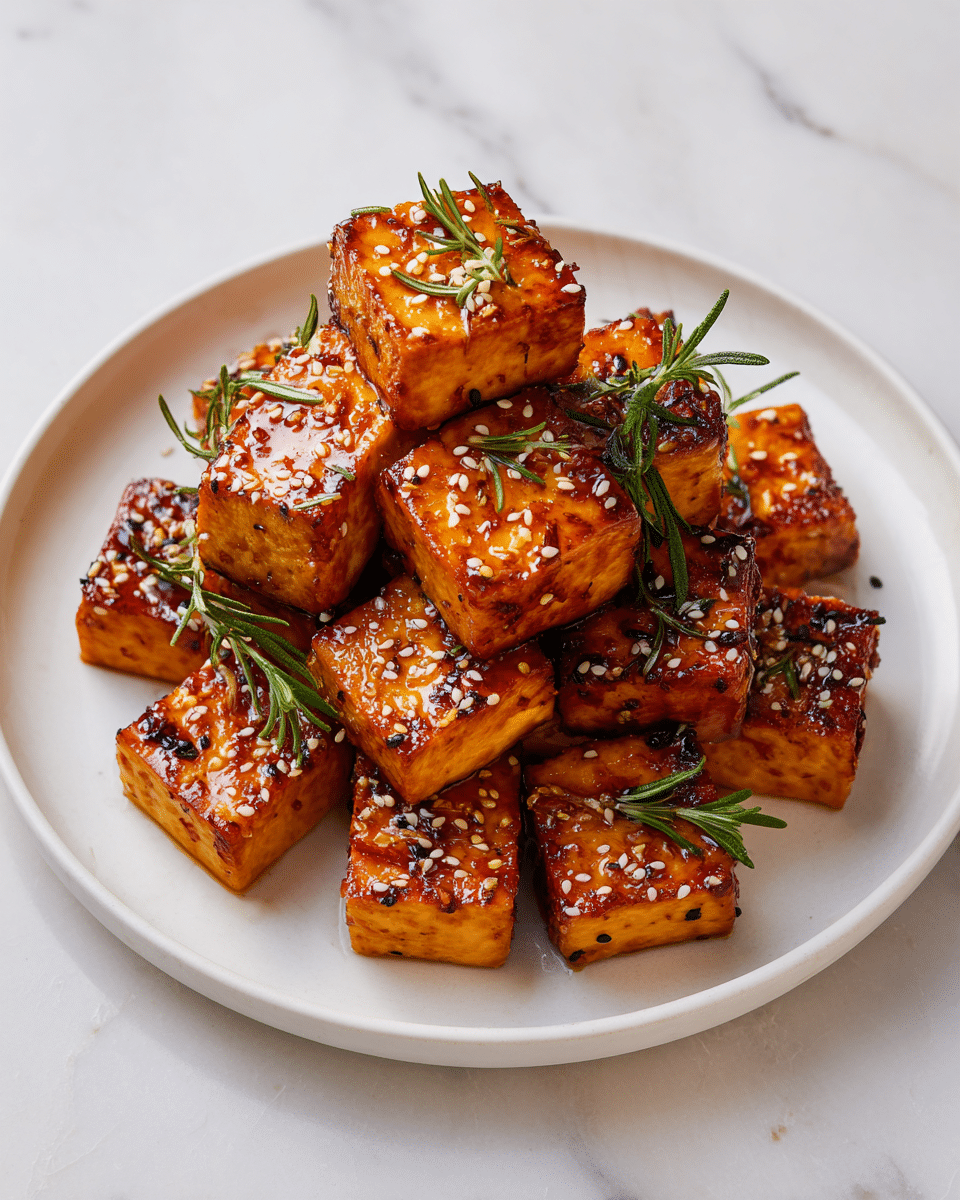 A white round plate holds about a dozen square pieces of crispy, golden-brown tofu stacked in the center. Each tofu piece has a shiny, caramelized glaze with a slightly rough texture, speckled with white sesame seeds. Small sprigs of fresh green rosemary are scattered on top, adding contrast to the warm colors. The plate sits on a white marbled surface with soft natural light that highlights the rich orange-brown hues and slight char marks on the tofu. photo taken with an iphone --ar 4:5 --v 7