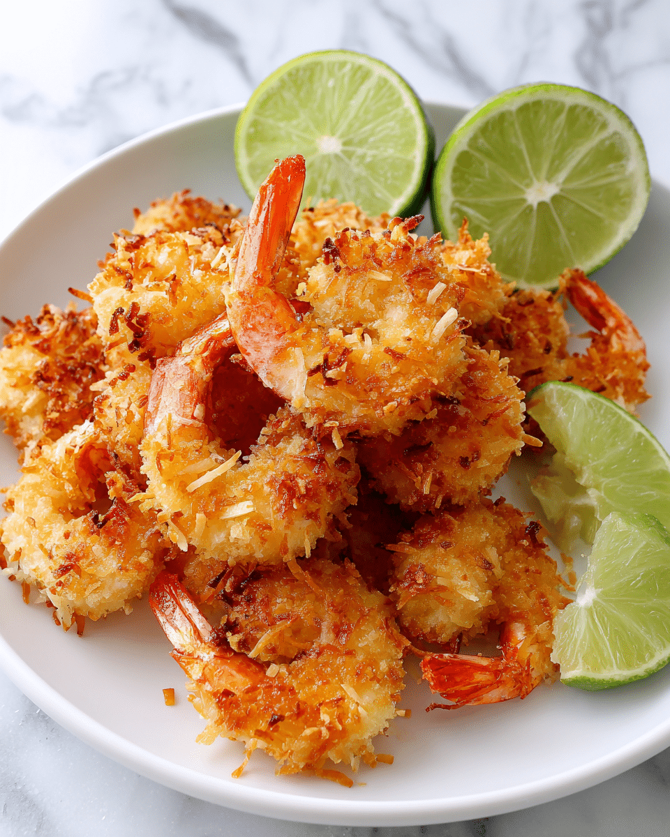 A white plate filled with a pile of golden-brown breaded fried shrimp, each shrimp showing a crispy, textured coating with small pieces of white coconut flakes on top. The shrimp tails are a bright orange color peeking out from beneath the breading. Around the pile, there are lime wedges with a vibrant green outside and a pale green juicy inside. The plate rests on a white marbled surface. photo taken with an iphone --ar 4:5 --v 7