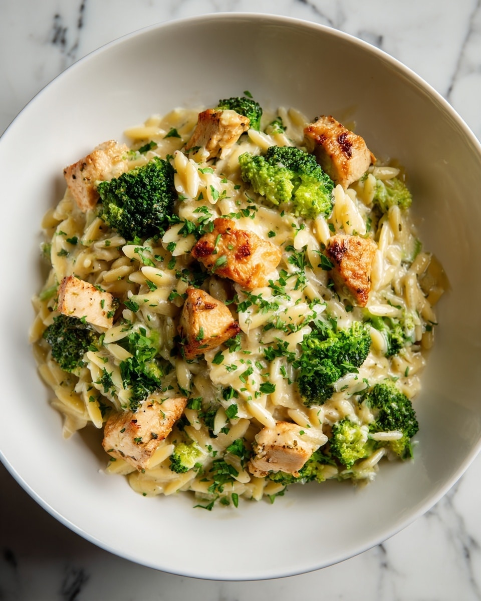 The dish is served in a white bowl filled with a creamy mixture showcasing three main layers: a base of soft orzo pasta that is pale yellow and smooth, mixed with bright green broccoli florets that add a textured and fresh look, and tender pieces of golden-brown grilled chicken scattered on top, all covered in a cheesy sauce that gives the dish a glossy finish. It is garnished with finely chopped herbs, adding small green specks throughout. The bowl sits on a white marbled background, and a glimpse of a metal spoon is visible inside. Photo taken with an iphone --ar 4:5 --v 7