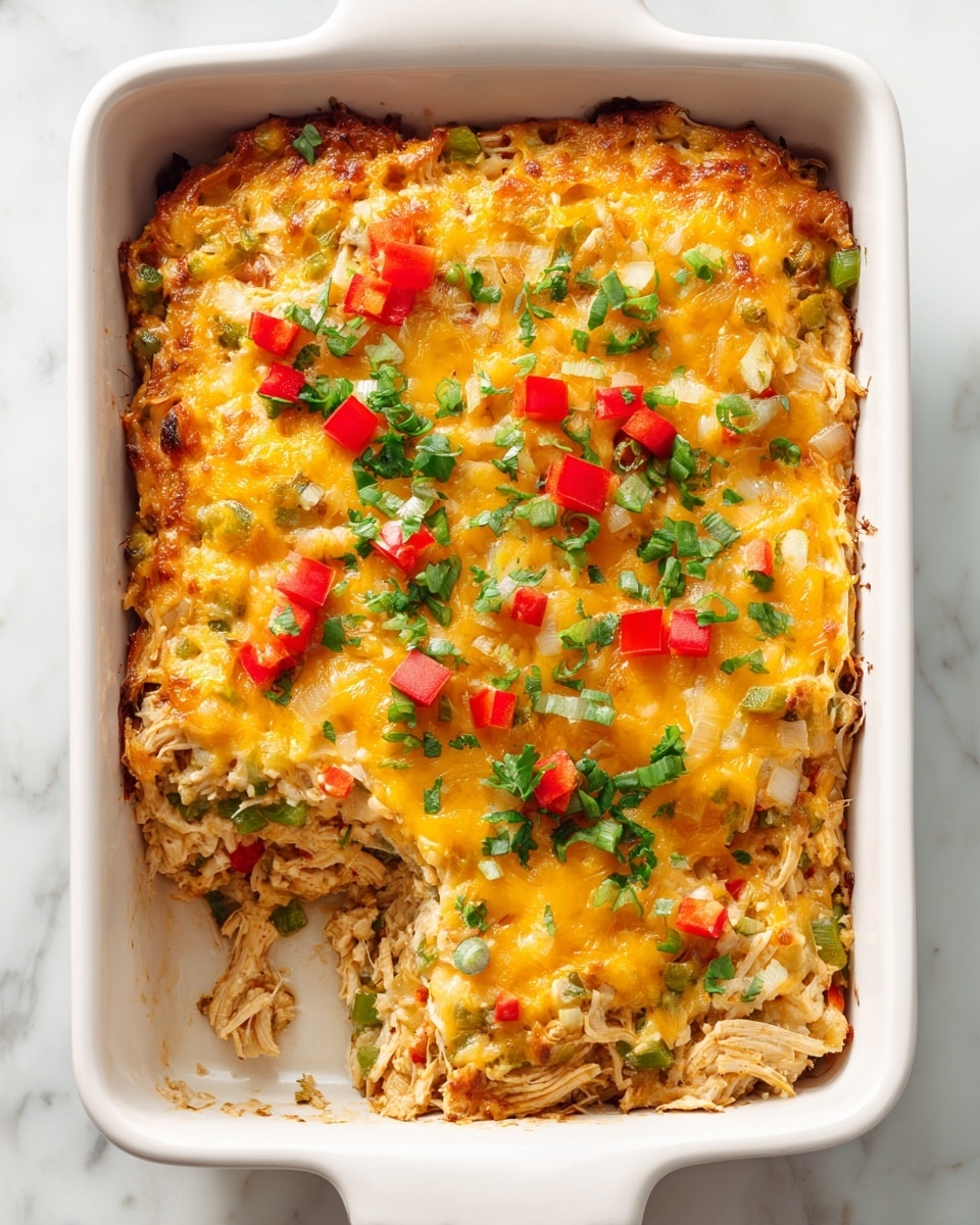 The image shows a baked dish in a white rectangular ceramic baking dish, placed on a white marbled surface. The dish has three visible layers: the bottom layer consists of cooked, diced green and red bell peppers, and onions with a soft texture; the middle layer is shredded cooked chicken mixed with the vegetables, appearing tender and juicy; the top layer is melted golden-yellow cheddar cheese covering the chicken and vegetables, with a slightly bubbling and browned texture. Small chunks of red and green bell peppers are scattered on top, adding color contrast. The overall dish looks warm and flavorful. Photo taken with an iphone --ar 4:5 --v 7