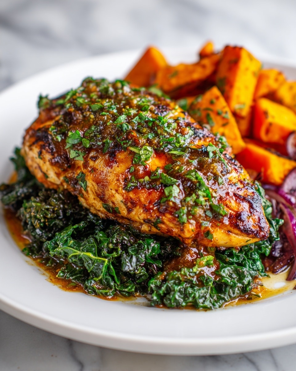 The image shows a close-up of grilled chicken pieces with a golden-brown color and a shiny glaze topped with chopped herbs, resting on a bed of dark green leafy kale. To the side, there are bright orange chunks of roasted sweet potatoes with a slightly crispy texture. Thin slices of red onion are visible underneath the chicken, adding a light purple color layer. All the food sits on a white plate set on a white marbled surface. photo taken with an iphone --ar 4:5 --v 7