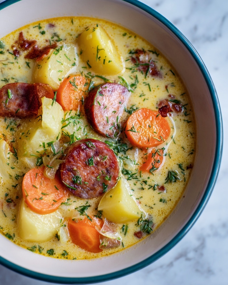 The image shows a close-up of a creamy soup in a white bowl with a teal rim, set against a white marbled surface. The soup has visible chunks of yellow potatoes, orange carrots, and slices of reddish-brown sausage. The soup base is light yellow and creamy with specks of green herbs sprinkled on top, giving a fresh look. The colors contrast well and the textures of the vegetables and sausage are clear and inviting. Photo taken with an iphone --ar 4:5 --v 7