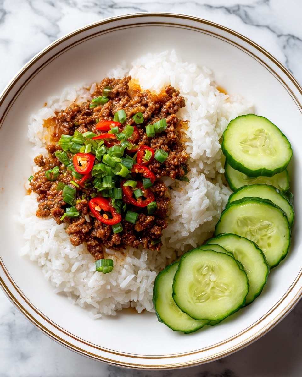 In a white bowl with two thin golden lines near the rim, the dish is layered with three main parts: the back layer is fluffy white rice with a light texture, the middle layer is a mound of finely crumbled browned meat mixed with a slightly shiny, reddish-brown sauce, topped with chopped green onions and small pieces of red chili pepper adding a pop of red and green color, and the right side shows several thinly sliced cucumber pieces with a bright green and glossy skin arranged neatly, all placed on a white marbled surface. Photo taken with an iphone --ar 4:5 --v 7