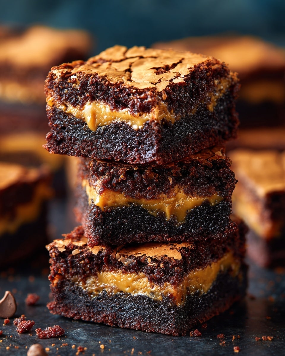 This image shows three stacked brownies with a shiny, cracked top layer that is light brown and crisp. The middle of each brownie reveals a gooey, golden caramel layer surrounded by a thick, dark brown, fudgy chocolate base that looks very moist and dense. The brownies are cut into neat squares, and a few small crumbs are scattered around them. The brownies are placed on a white marbled surface with a soft-focus background of more stacked brownies. photo taken with an iphone --ar 4:5 --v 7