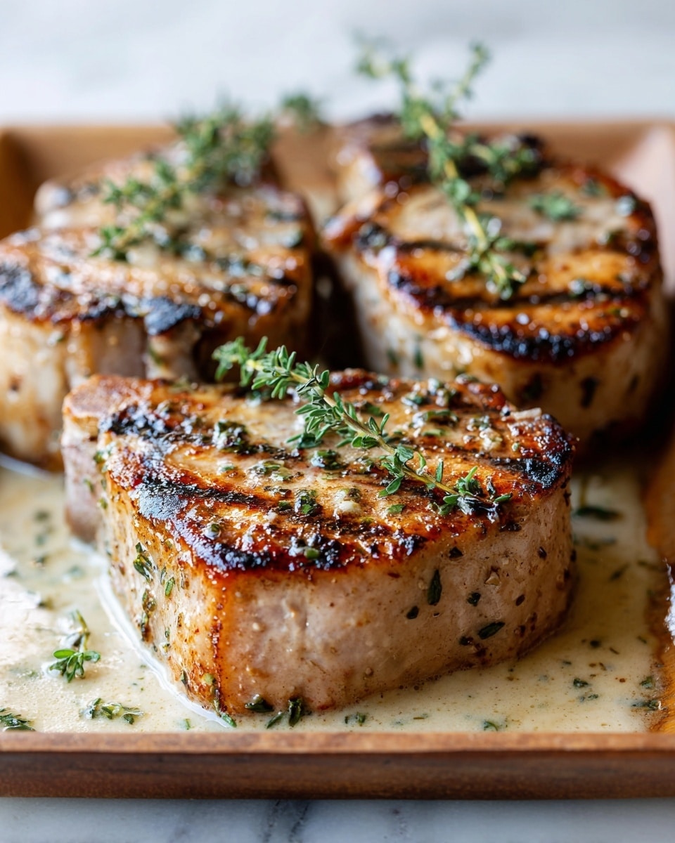 Three thick cooked pork chops with a golden-brown grilled crust sit close together on a wooden tray, each chop topped with small green herb sprigs, likely thyme. The pork chops have a juicy, glistening surface with visible herbs baked in, and they rest in a pool of creamy, light brown sauce that spreads slightly beneath them. The texture of the meat looks tender with charred grill marks adding contrast, and the bright green herbs give a fresh touch to the warm tones of the meat and sauce. The whole scene is cozy and inviting, set against a soft, blurred white marbled texture background. Photo taken with an iphone --ar 4:5 --v 7