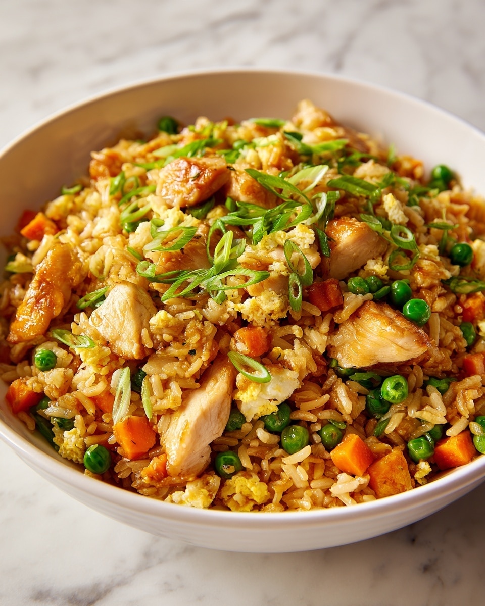 A close-up view of a bowl filled with three main layers: the base layer is light brown fried rice with a slightly shiny texture; mixed in are bright green peas and small orange carrot cubes evenly spread throughout; chunks of light golden-brown cooked chicken pieces are scattered on top and inside, adding texture and height; thinly sliced green onions are sprinkled on the surface, adding a fresh green accent. The bowl is white, placed on a white marbled surface, and the whole dish looks warm and inviting. Photo taken with an iphone --ar 4:5 --v 7