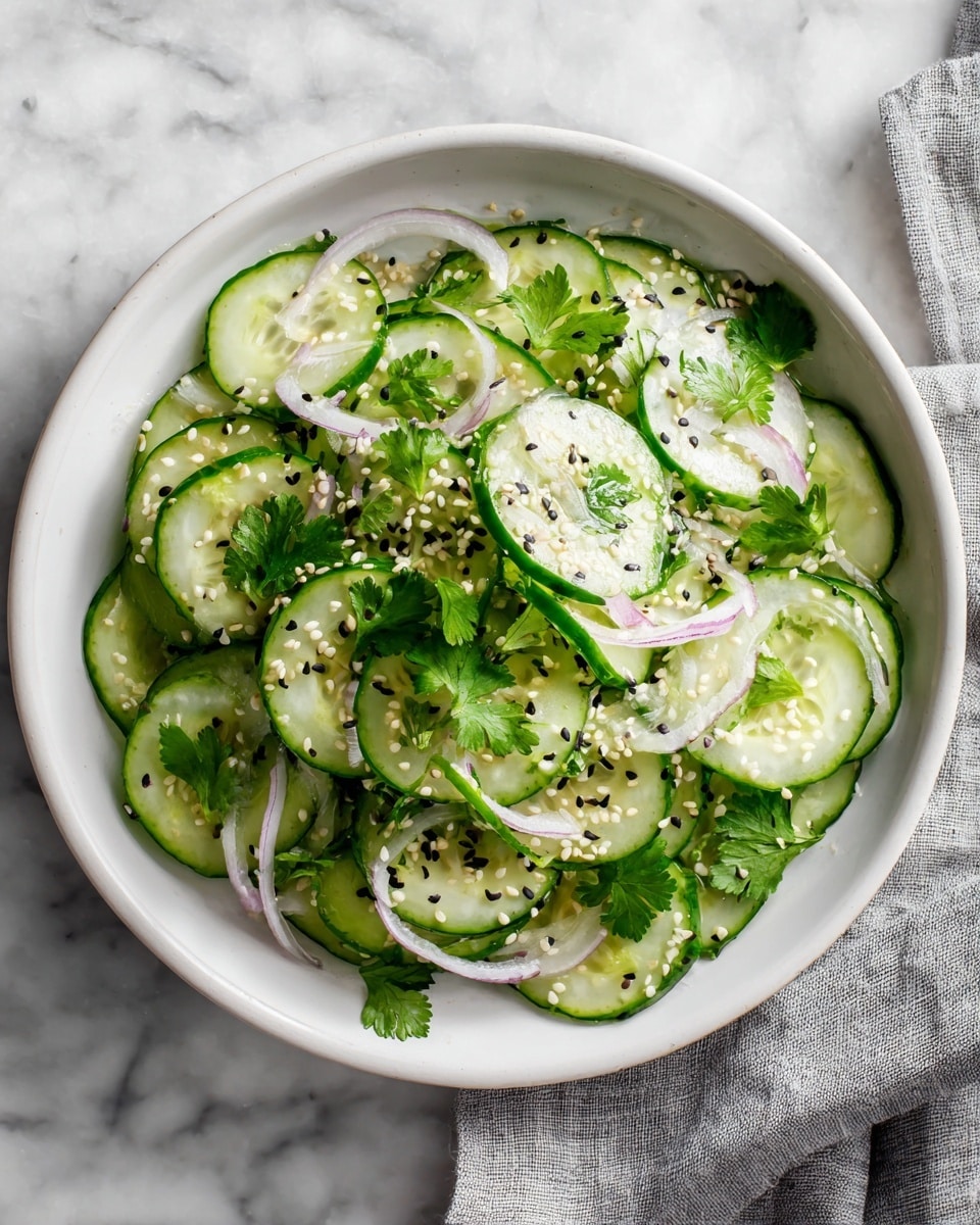 A white bowl filled with thinly sliced cucumber layers arranged in a slightly overlapping circle. Scattered among the cucumber slices are thin rings of light purple onion, adding contrast. Bright green parsley leaves are placed randomly on top, giving freshness. The salad is sprinkled with white and black sesame seeds, adding small dotted texture. The bowl is placed on a white marbled surface with a gray and white cloth visible in the bottom right corner. photo taken with an iphone --ar 4:5 --v 7